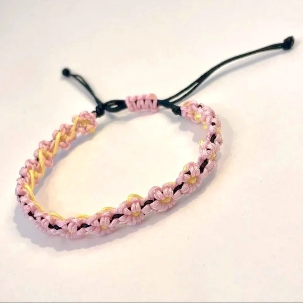Handmade Peach Blossom Pink Floral Chinese Adjustable Bracelet Black Gift Asian